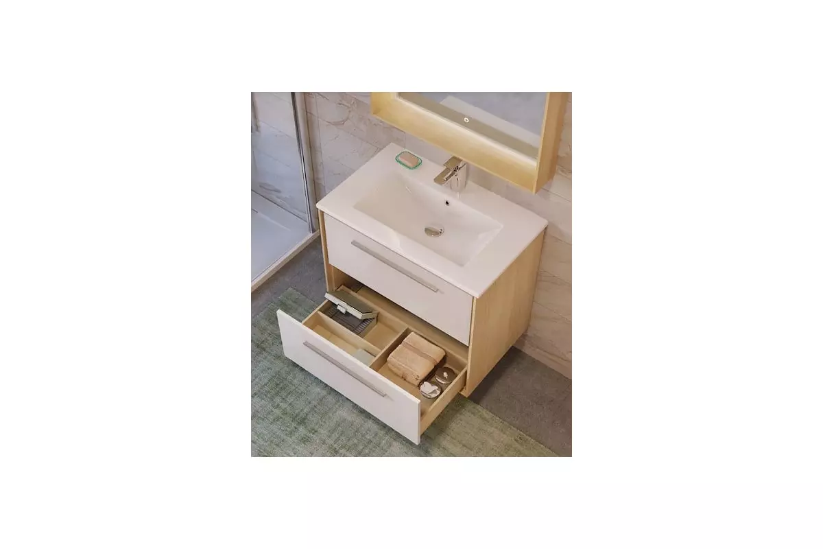Тумба с раковиной подвесная Raval Frame 60.Белая/Дуб сонома + рак. Quadro 60 F01 QDR60SLWB01