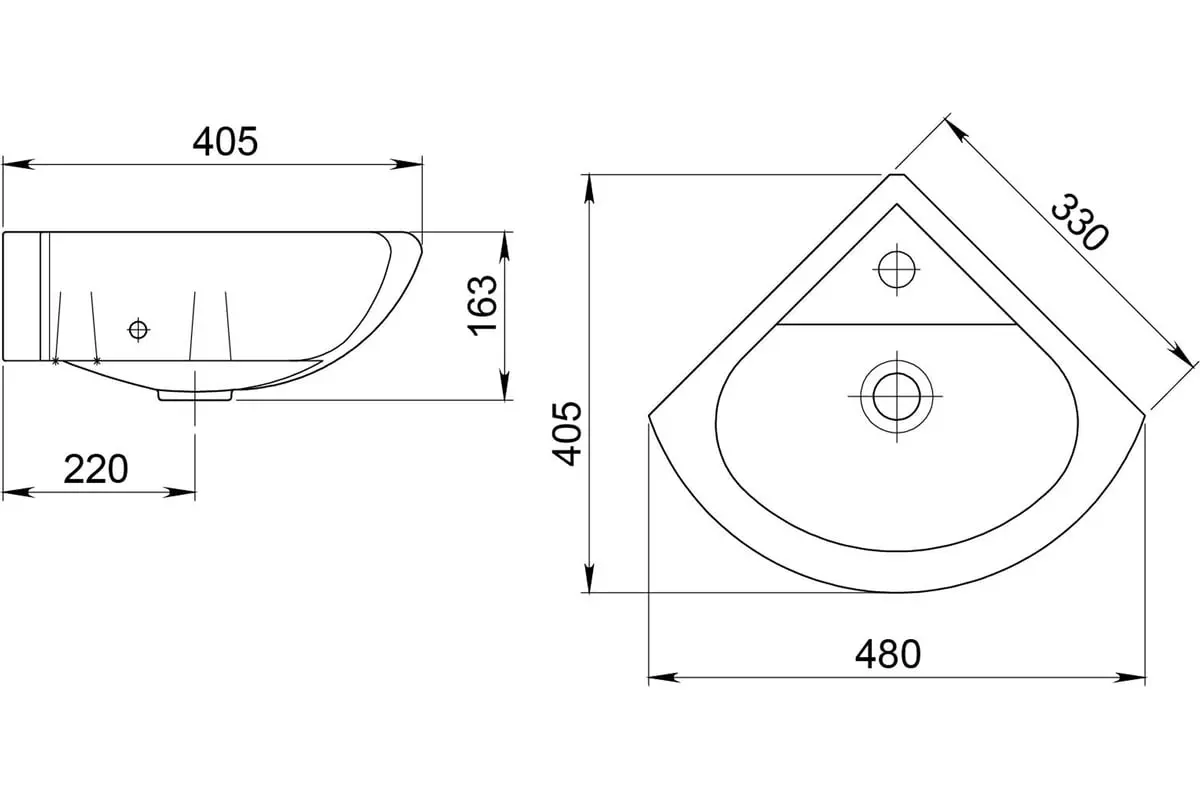 Раковина подвесная угловая 40х38х17 см Santeri Радиан 1.3130.9.S00.10B.0 белая с отверстием под смеситель в углу