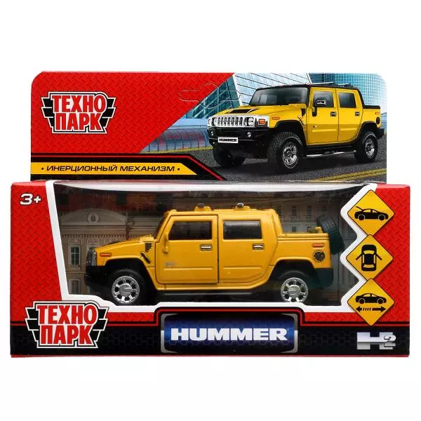 Машина металл HUMMER H2 PICKUP длина 12 см, двер, багаж, инерц, желтый, кор. Технопарк