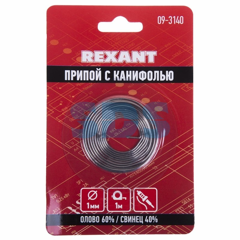 Припой с канифолью Rexant 1 м диаметр1.0 мм олово 60% свинец 40% спираль блистер 09-3140