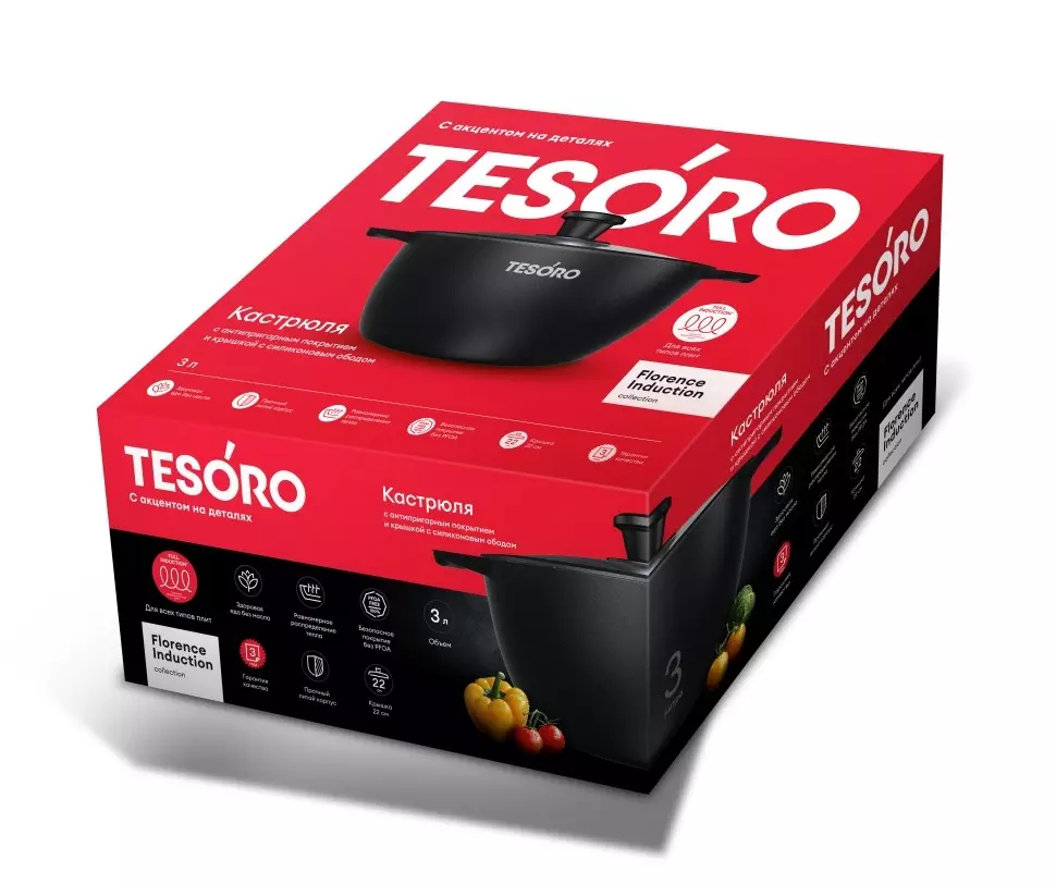 Кастрюля 3 л(d-22), литой алюминий, индукция, "Флоренс" черный Tesoro TF6630tdi