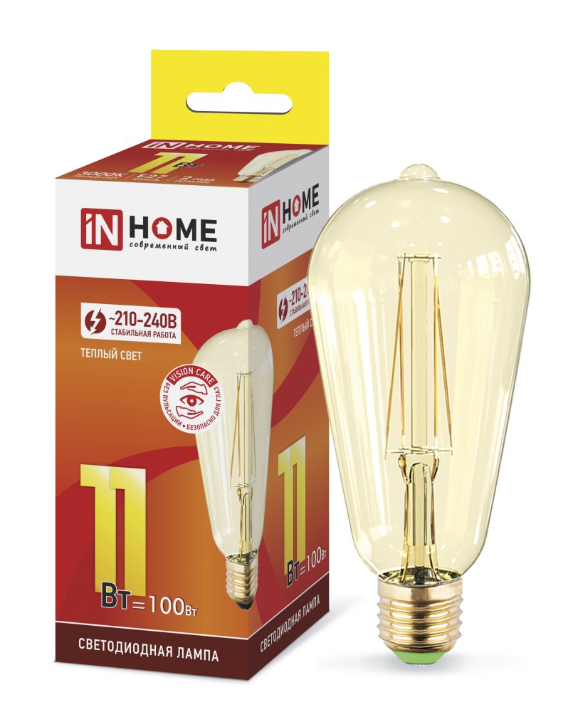 Лампа светодиодная IN HOME LED-ST64-deco gold Е27 230В 11Вт 3000К 1160Лм золотистая
