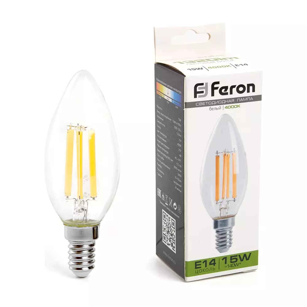 Светодиодная лампа Е14 220В 15Вт 4000К свеча филаментная нейтральный свет FERON 38258