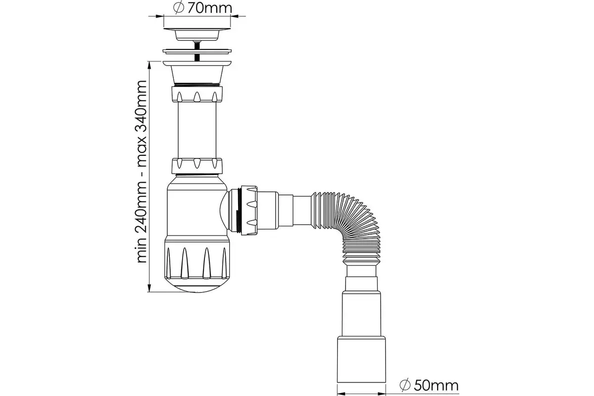 Сифон бутылочный 1 1/2"х40, выпуск 70 мм.разборн. с гибкой трубой 40/50, Nova 1051
