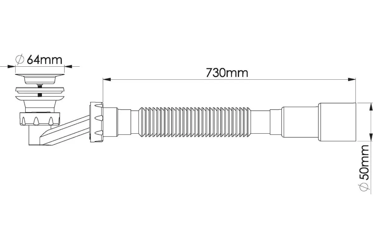 Сифон для душевого поддона 1 1/2"х40, h=70 мм, выпуск 64 мм. с гибкой трубой 40/50 Nova 1622