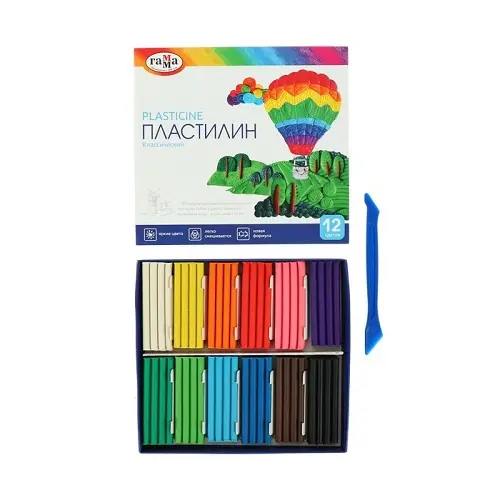 Пластилин 12 цветов, 240 гр, со стеком, Гамма Классический