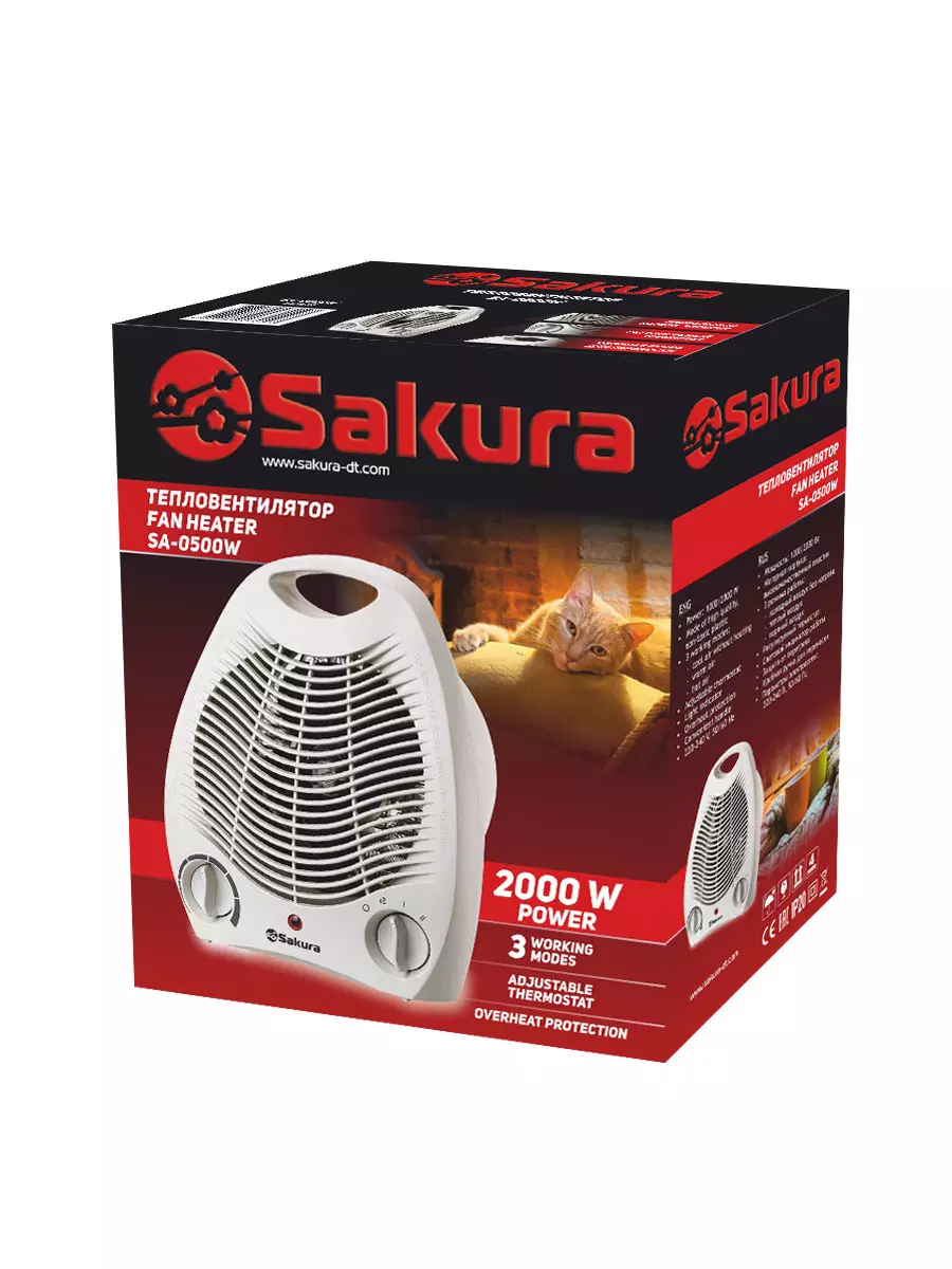 Тепловентилятор Sakura SA-0500W, 2000 Вт, спиральный, белый