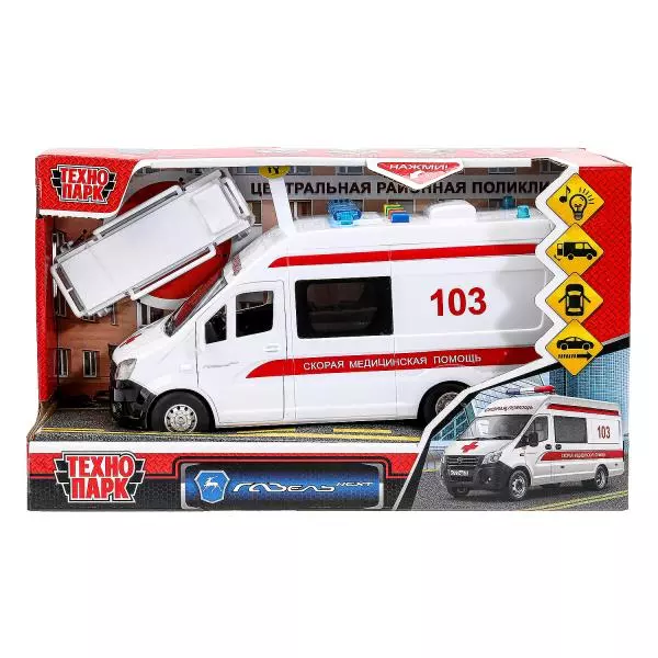 Машина ГАЗЕЛЬ NEXT СКОРАЯ, 22,5 см, пластик, свет-звук, двери, инерц, Технопарк 380777