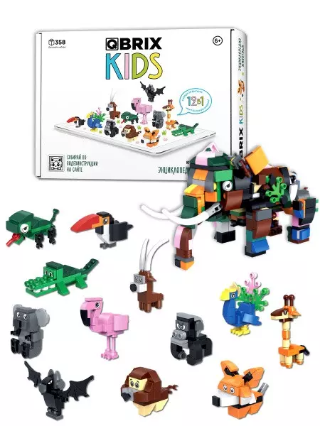 Конструктор 358 деталей Энциклопедия животных 12 в 1, QBRIX KIDS 30034