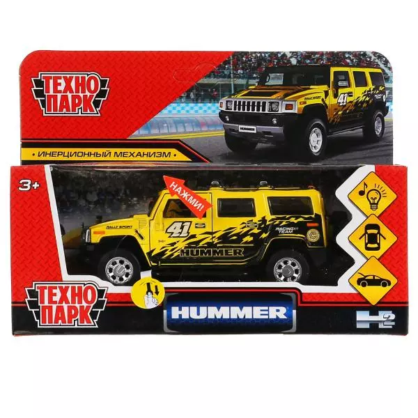 Машина металл свет-звук HUMMER H2 СПОРТ 12 см, двер, баг, инер, желтый,