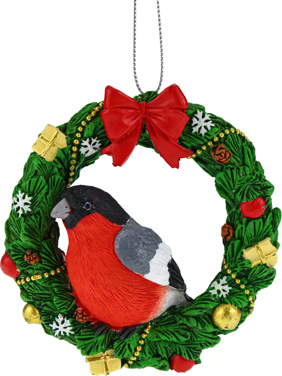 Елочное украшение из полирезины Снегирь с венком 7 см НУ-2519
