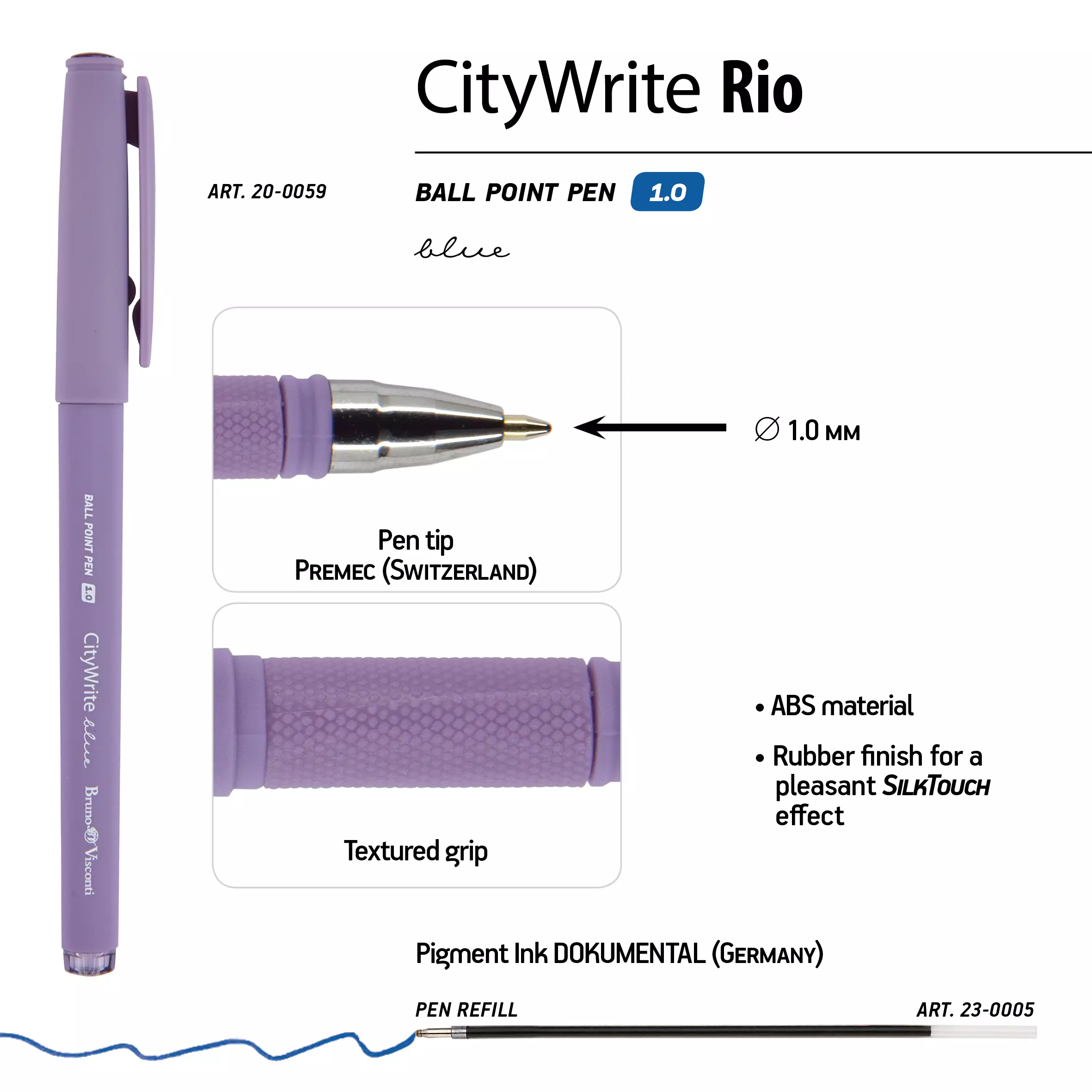 Ручка шариковая BrunoVisconti CityWrite.RIO1.0 мм синяя (3 цвета корпуса)