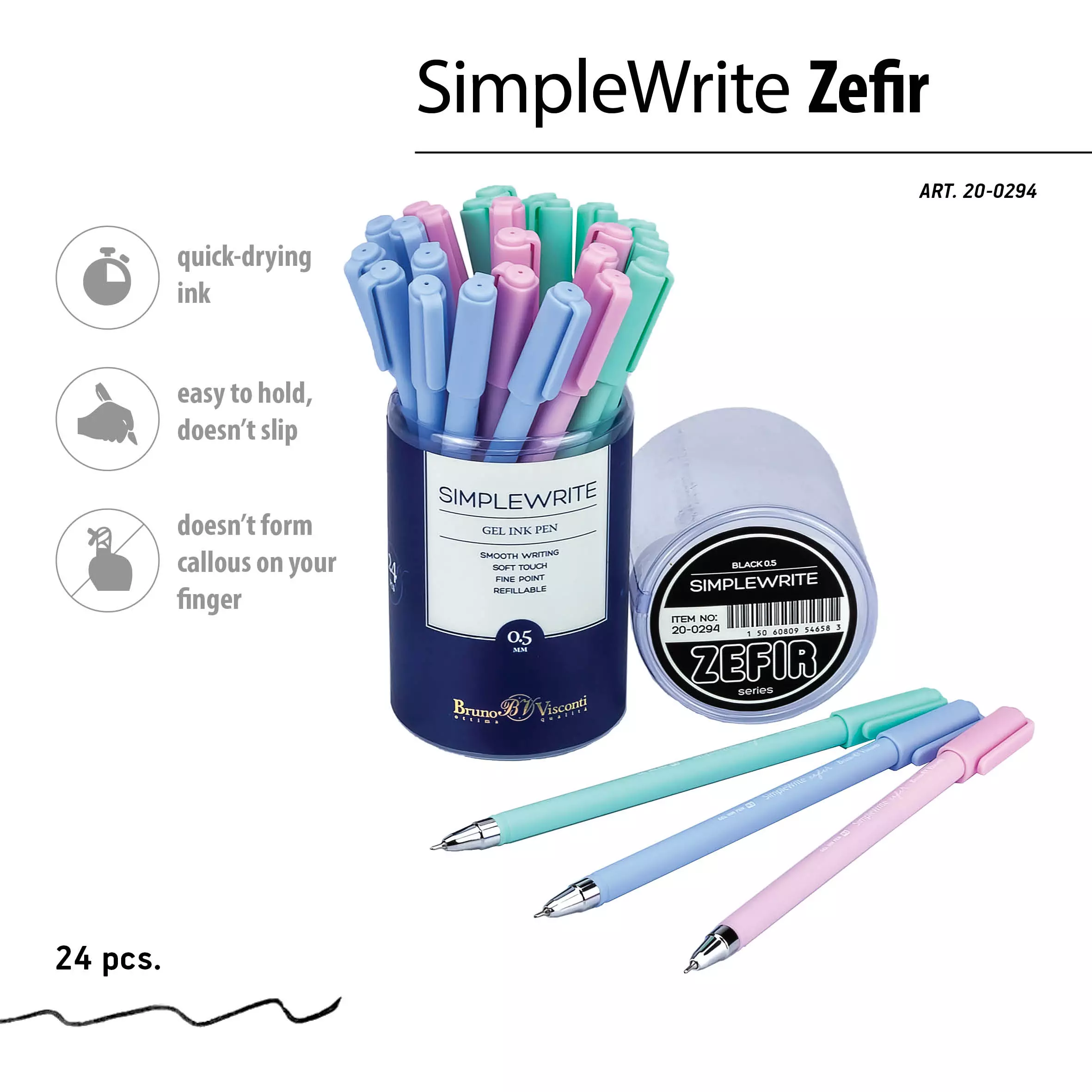 Ручка гелевая BrunoVisconti SimpleWrite ZEFIR 0.5 мм чернила черные (3 цвета корпуса)