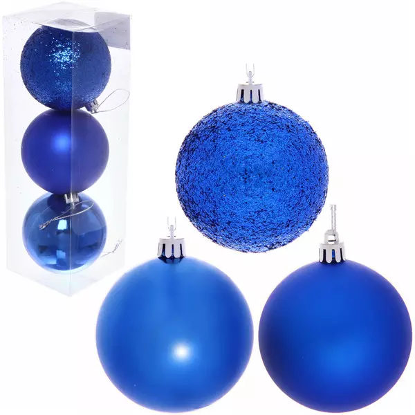 Новогодние шары 8 см (набор 3 шт) Микс фактур, синий 183-944