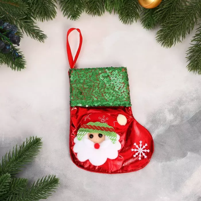 Носок для подарков Дед Мороз блеск, снежинка 13х16 см, красно-зеленый 7856790
