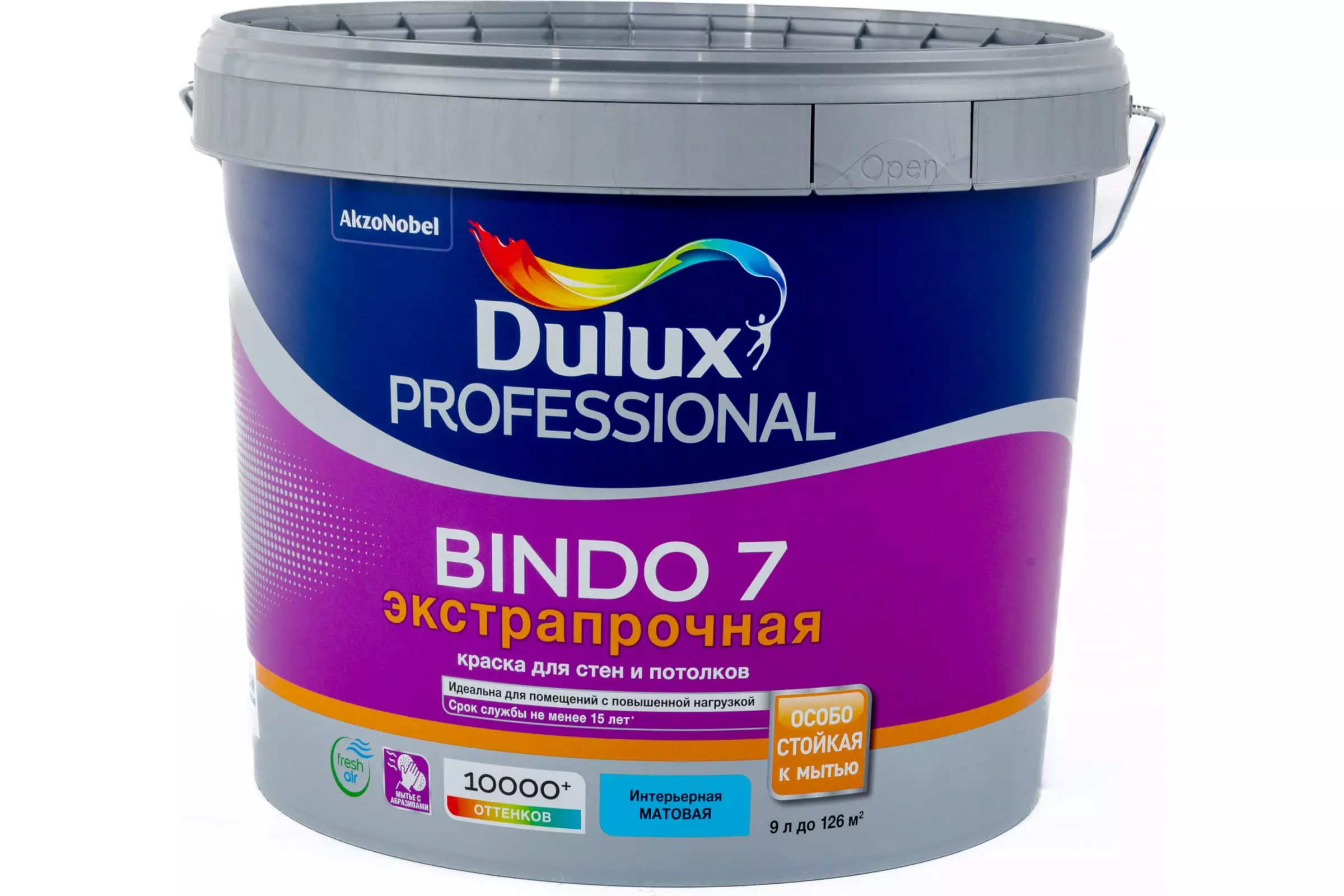 Краска для стен и потолков DULUX BINDO 7, износостойкая, матовая, белая, BW 9л 5302491
