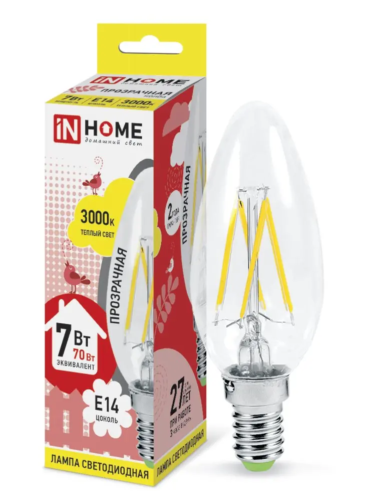 Лампа светодиодная IN HOME LED-СВЕЧА-deco Е14 230В 7Вт 3000К 810Лм прозрачная