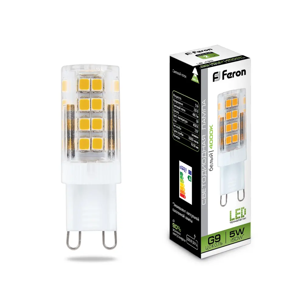 Лампа светодиодная Feron G9 230В 5Вт 4000К нейтральный