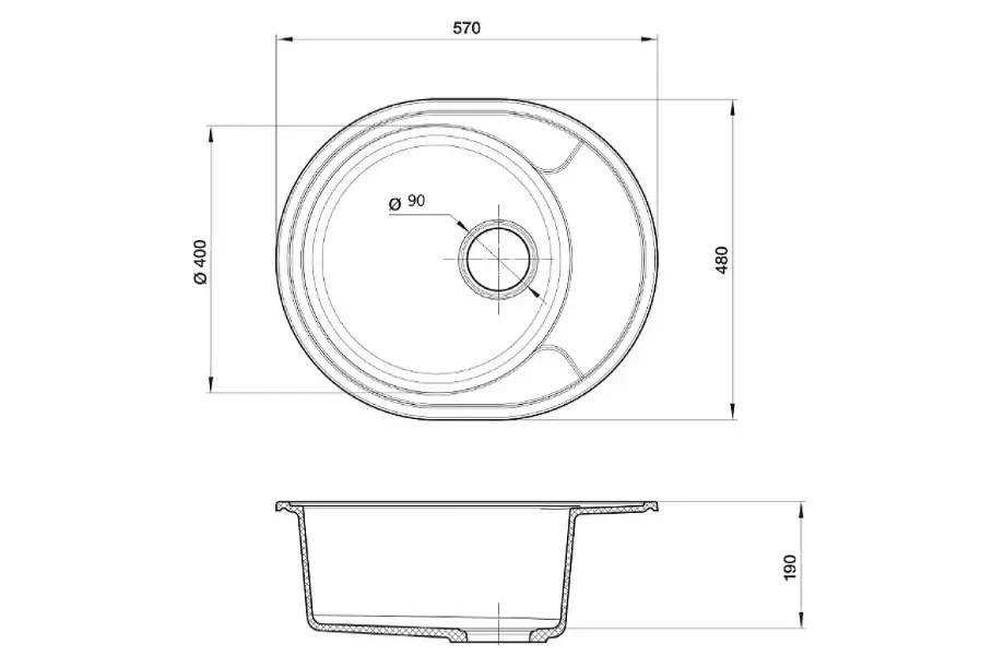 Кварцевая мойка для кухни 57х48х19 см Reflexion Allonge RF0658GR серый, овальная с крылом