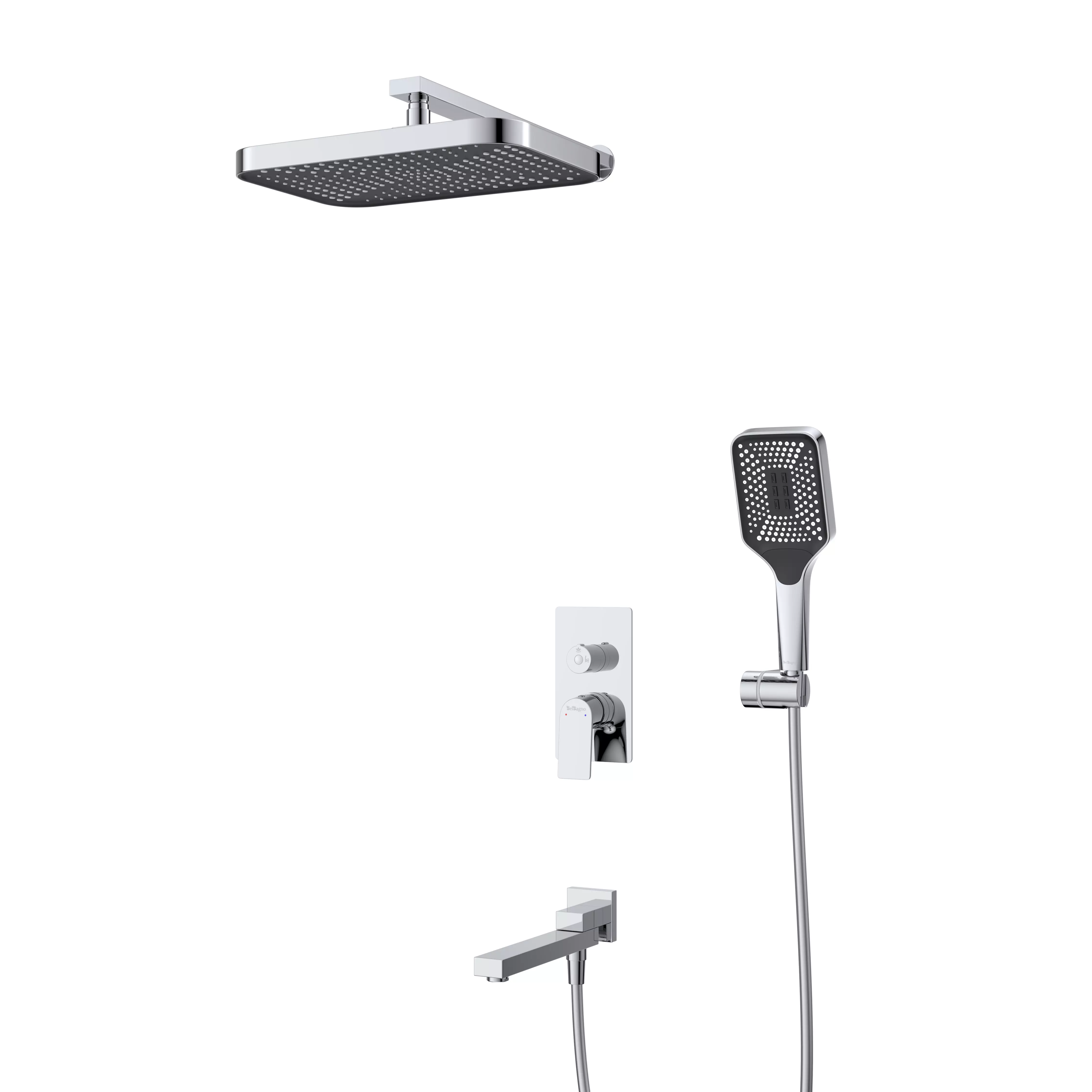 Встраиваемый душевой комплект с изливом, хром BelBagno DUE-VDSET-CRM (смеситель, 2 лейки, шланг, дер