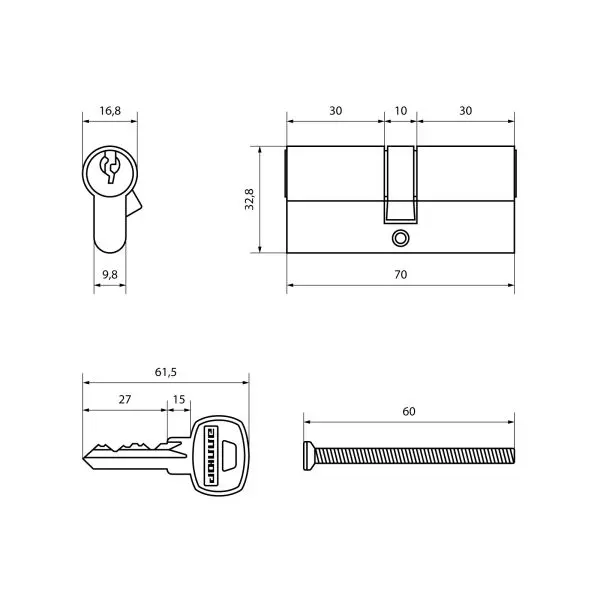 Цилиндровый механизм АЛЛЮР 70 мм (30х30) 70-6К CP хром BLISTER.ключ/ключ