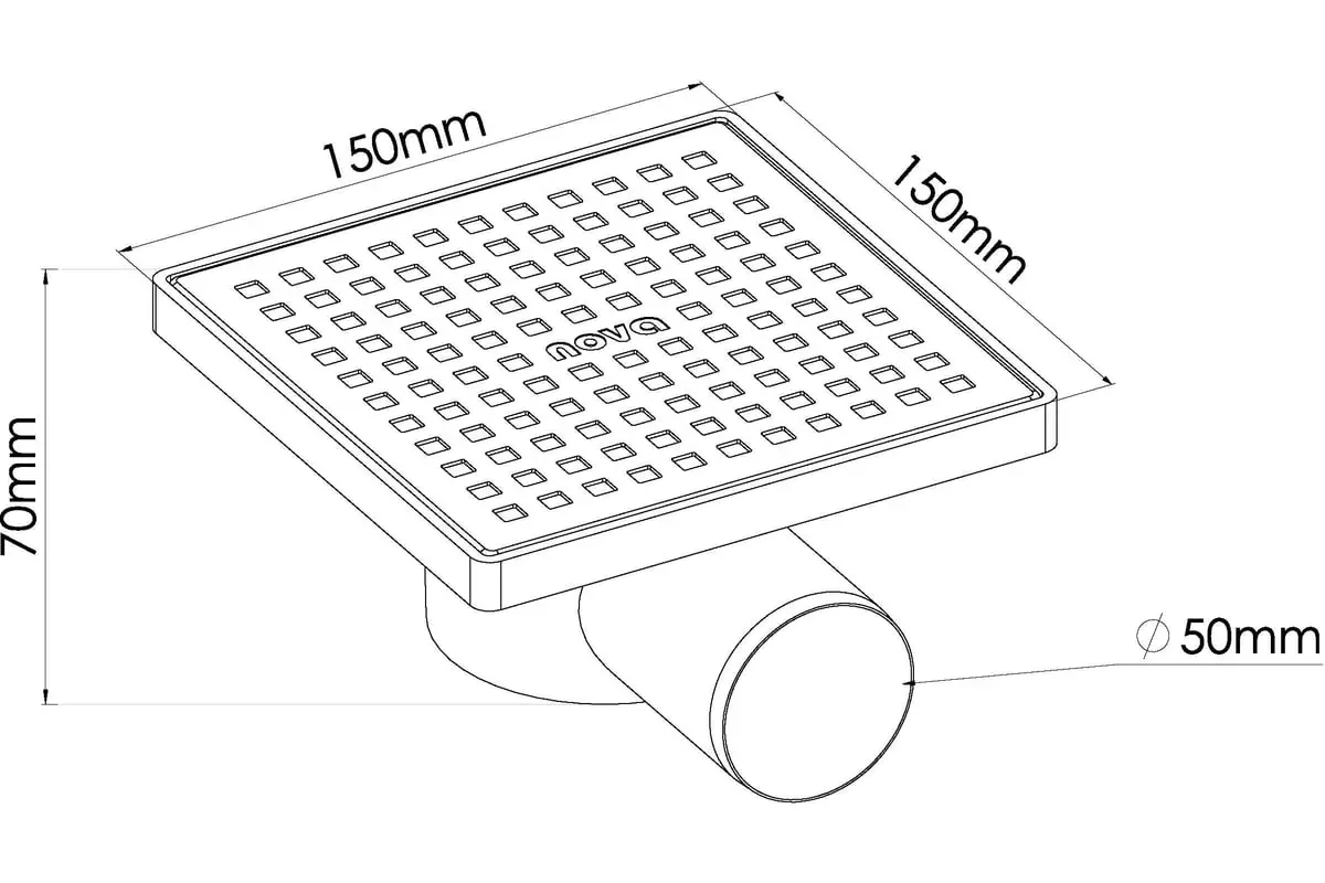 Душевой трап горизонтальный 150х150 мм d50 мм решетка нерж. сталь Nova 5026