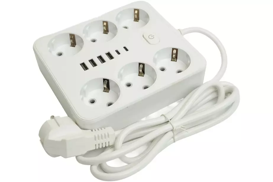 Удлинитель бытовой STEKKER 6 розетки с заземлением +2 USB +2 Type-C ПВС 3x1мм 1.8м 2500Вт с выключателем