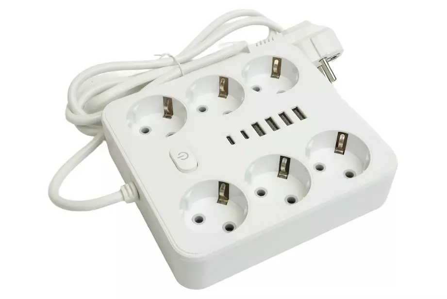 Удлинитель бытовой STEKKER 6 розетки с заземлением +2 USB +2 Type-C ПВС 3x1мм 1.8м 2500Вт с выключателем