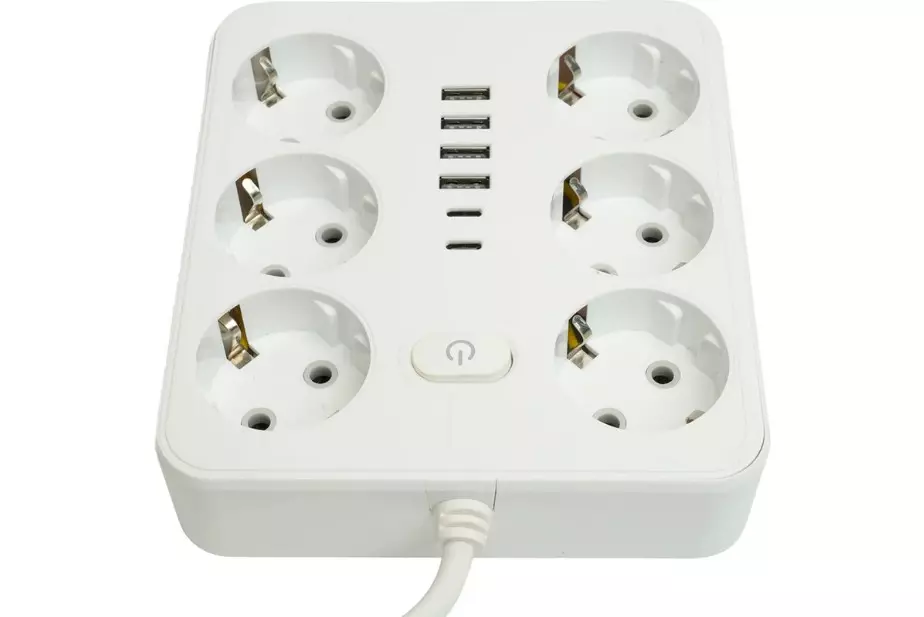 Удлинитель бытовой STEKKER 6 розетки с заземлением +2 USB +2 Type-C ПВС 3x1мм 1.8м 2500Вт с выключателем