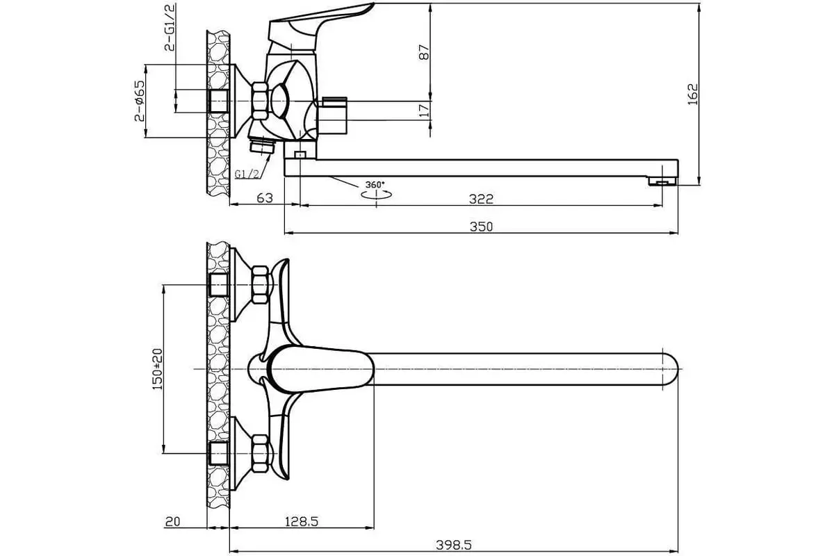 Смеситель для ванны, длинный излив 35 см, хром, c аксессуарами ESKO Asti AT 31, латунь