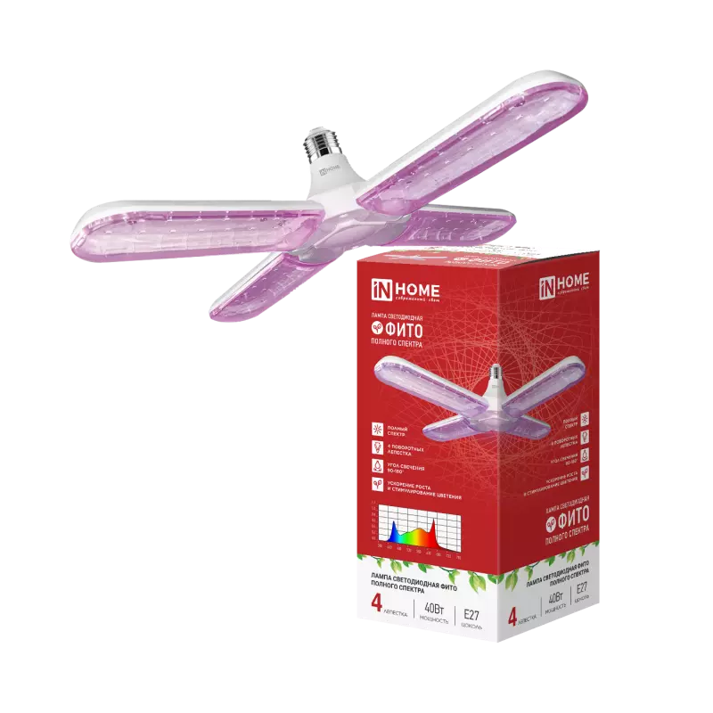 Лампа светодиодная для растений Е27 40Вт красно-синий спектр 4-х лепестковая IN HOME 4690612066936