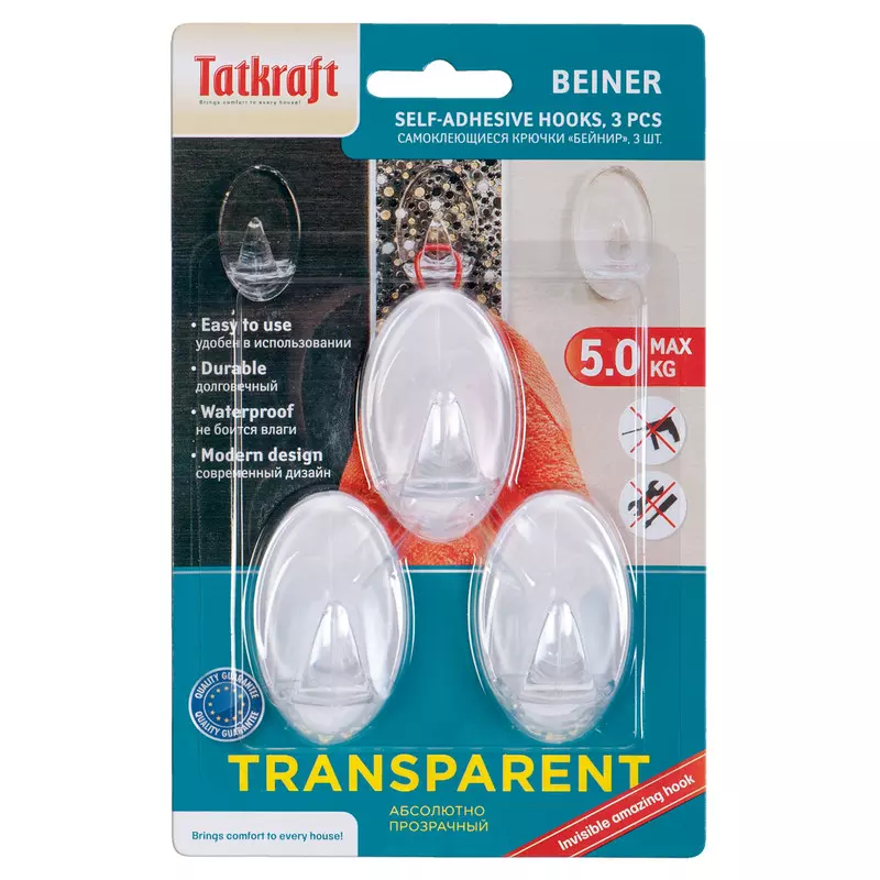 Крючок самоклеющийся Tatkraft BEINER прозрачный пластик, 3 шт 11779