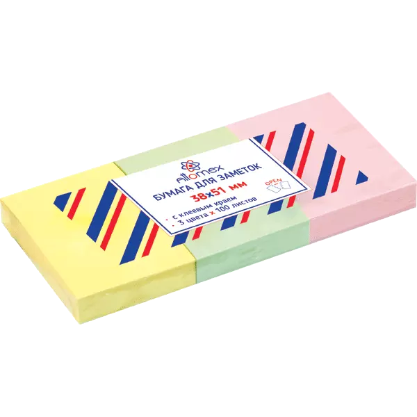 Клейкая бумага для заметок Attomex 38x51 мм, 100 листов, 75 г/кв.м., 3 пастельных цвета, 2010706
