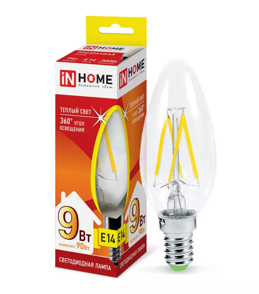Лампа светодиодная IN HOME LED-СВЕЧА-deco Е14 230В 9Вт 3000К 1040Лм прозрачная