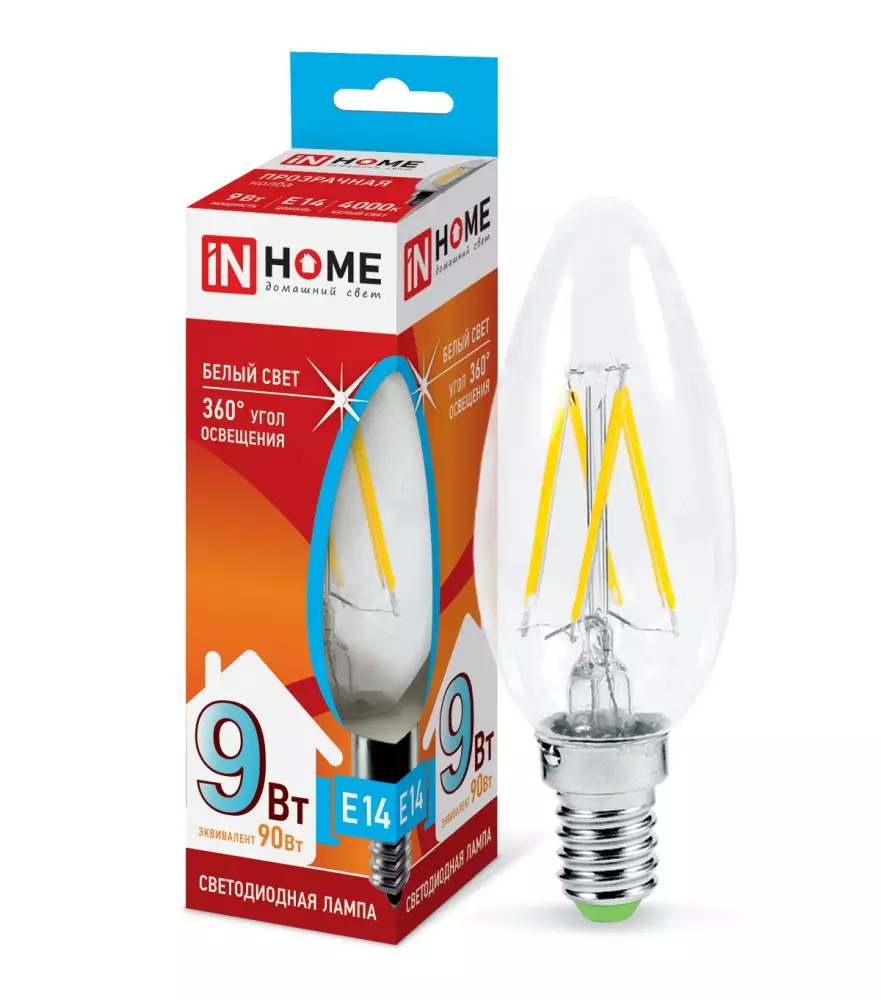 Лампа светодиодная IN HOME LED-СВЕЧА-deco Е14 230В 9Вт 4000К 1040Лм прозрачная