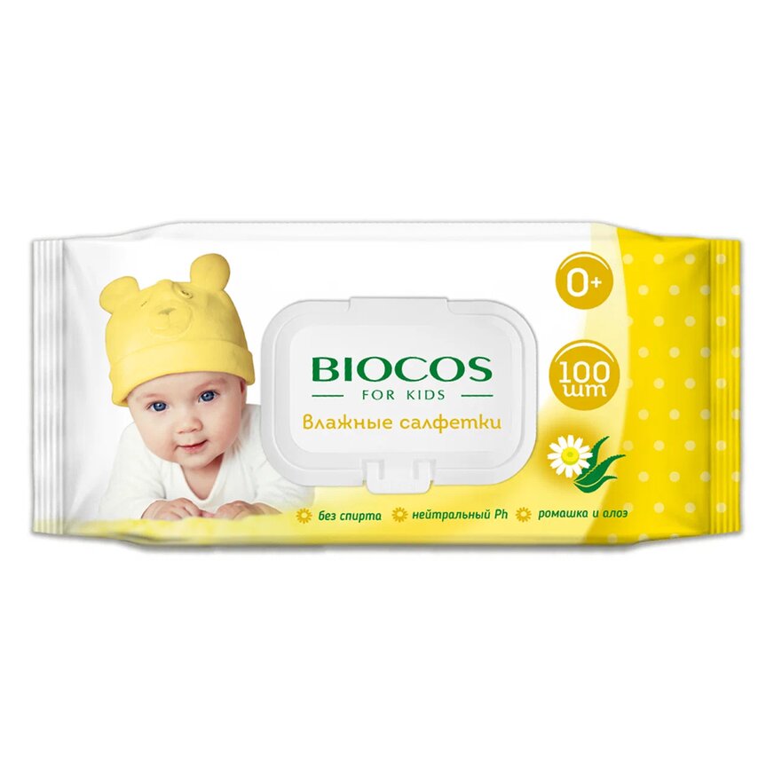 Влажные салфетки BioCos для детей, уп.100 с клапаном