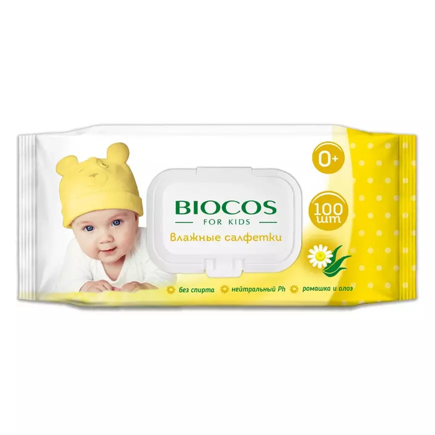 Влажные салфетки BioCos для детей, уп.100 с клапаном