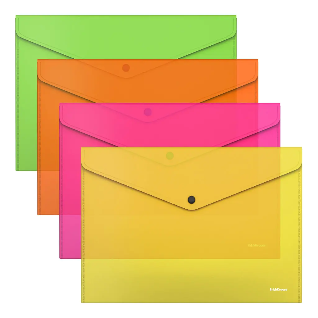 Папка-конверт на кнопке пластиковая ErichKrause 47044 Fizzy Neon, полупрозрачная, A4, ассорти