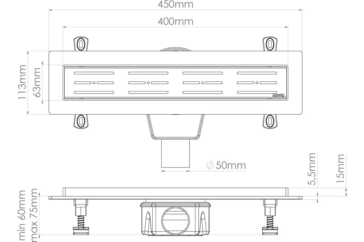 Душевой трап горизонт. 400х63 мм.360⁰, выход d50 мм.с комб.затвор. реш. из нерж. стали,Nova 5640.001