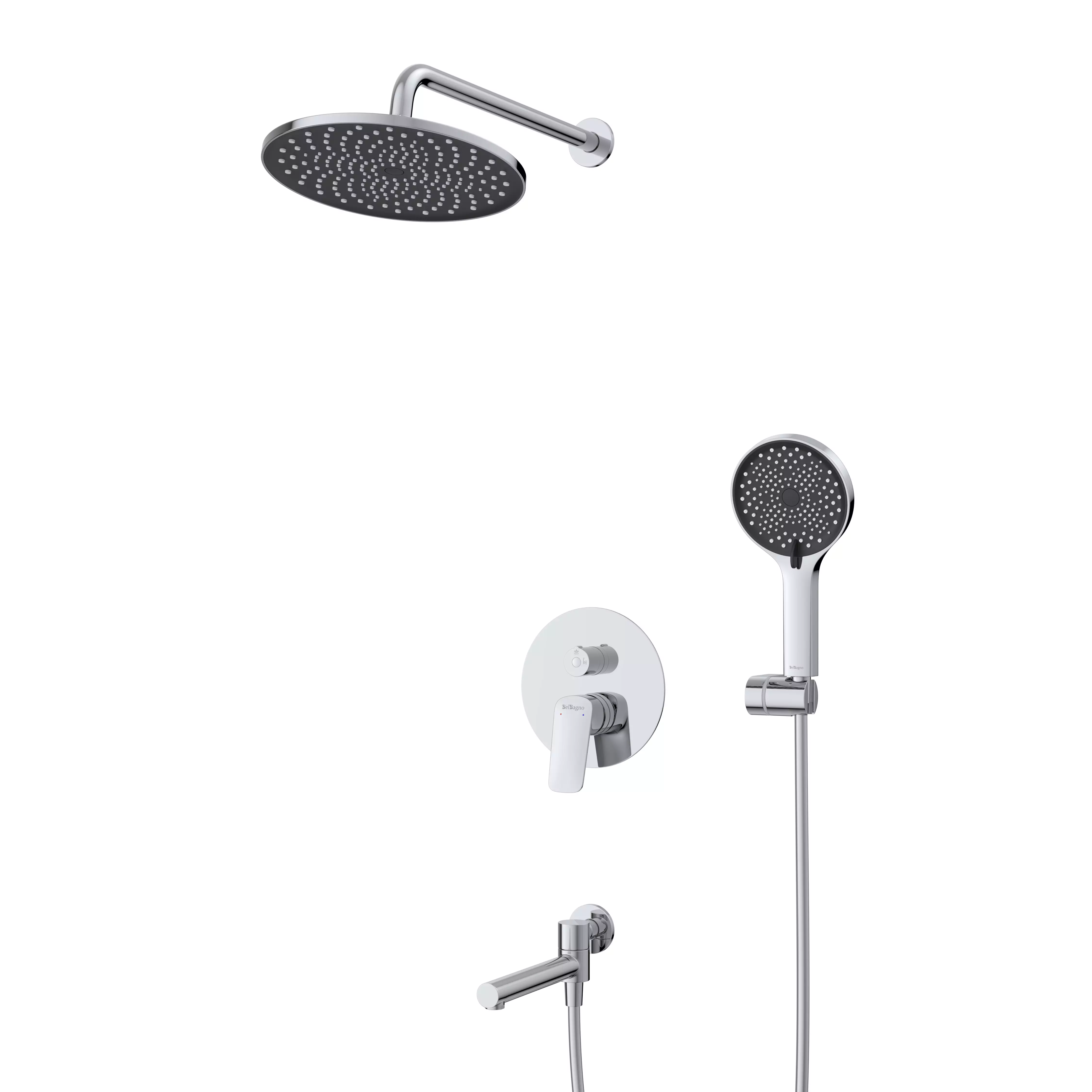 Встраиваемый душевой комплект  с изливом, хром Belbagno MARINO-VDSET-CRM (смеситель, 2 лейки, шланг,