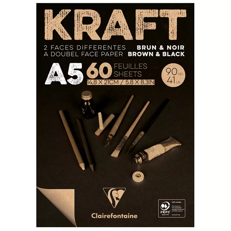 Скетчбук 60л., А5 Clairefontaine Kraft, на склейке, 90г/м2, верже, черный/крафт