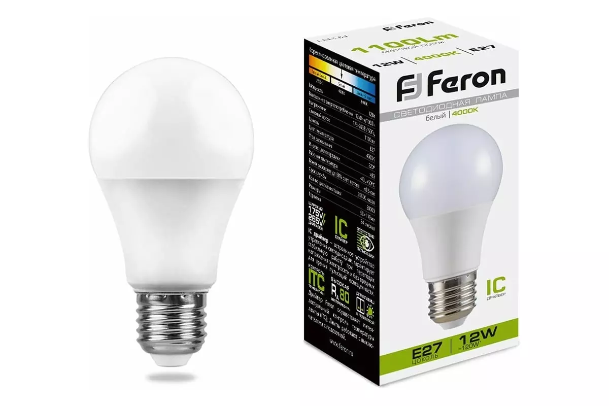 Светодиодная лампа Е27 220В 12Вт 4000К груша теплый свет FERON 25487