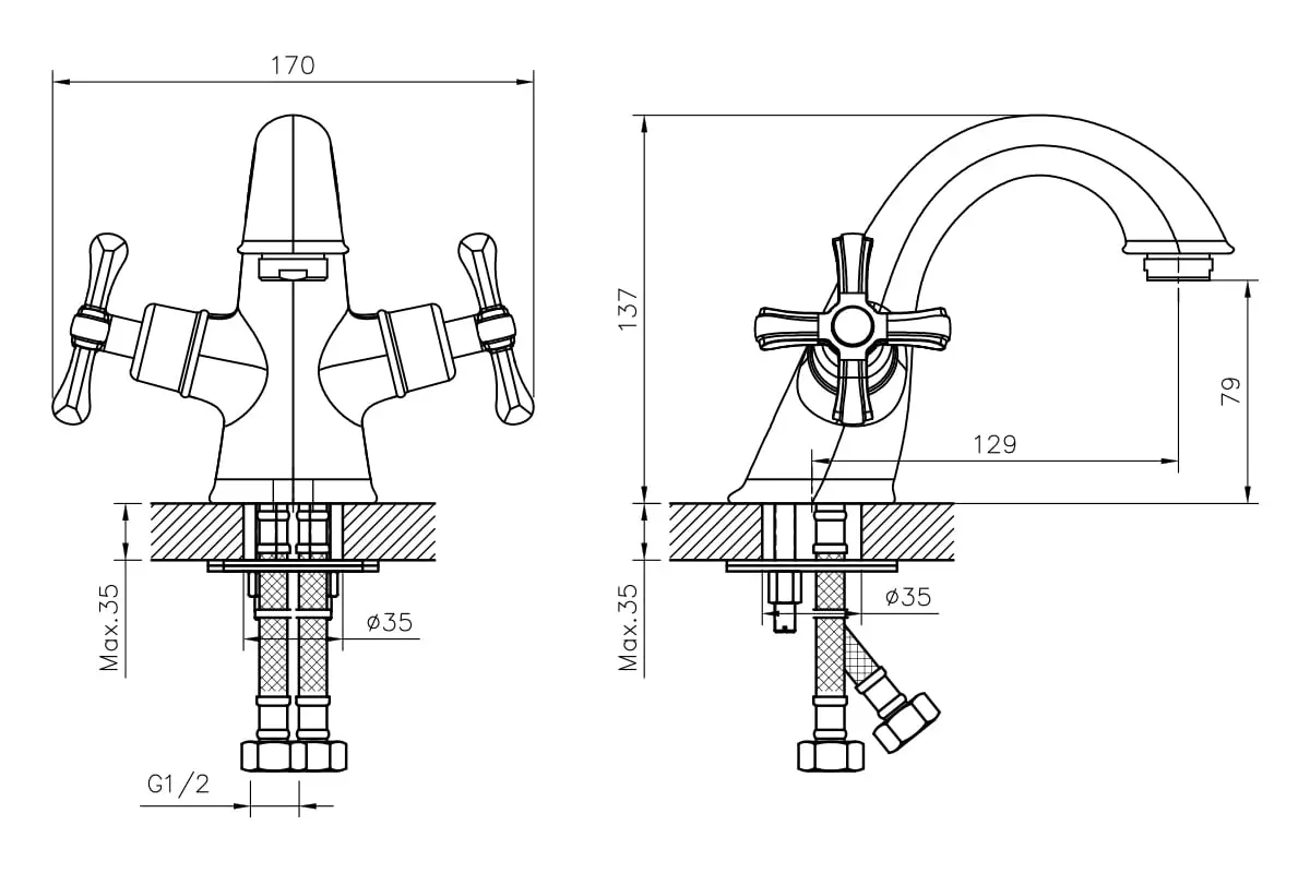 Двухвентильный смеситель для раковины, хром, DECOROOM DR52011, латунь
