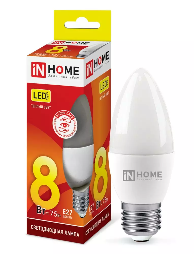 Лампа светодиодная IN HOME Е27 230В 8Вт 3000К 720Лм свеча теплый