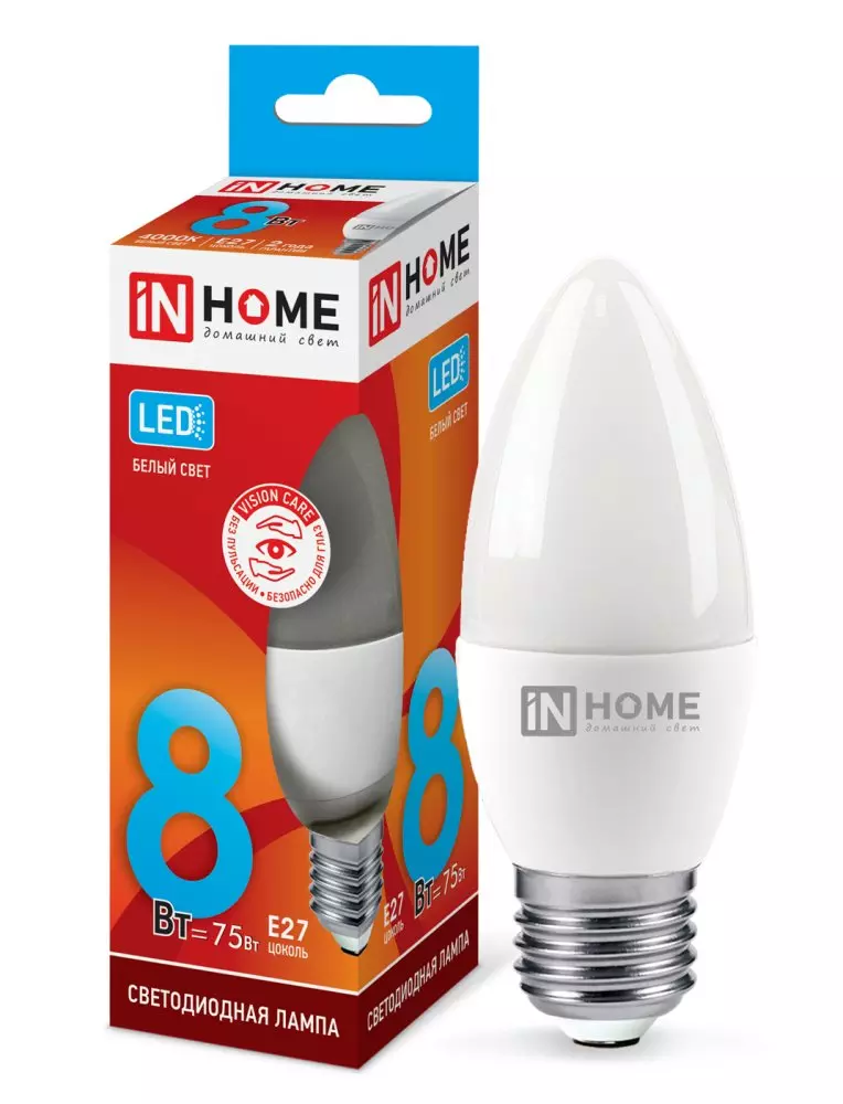 Лампа светодиодная IN HOME Е27 230В 8Вт 4000К 720Лм свеча нейтральный
