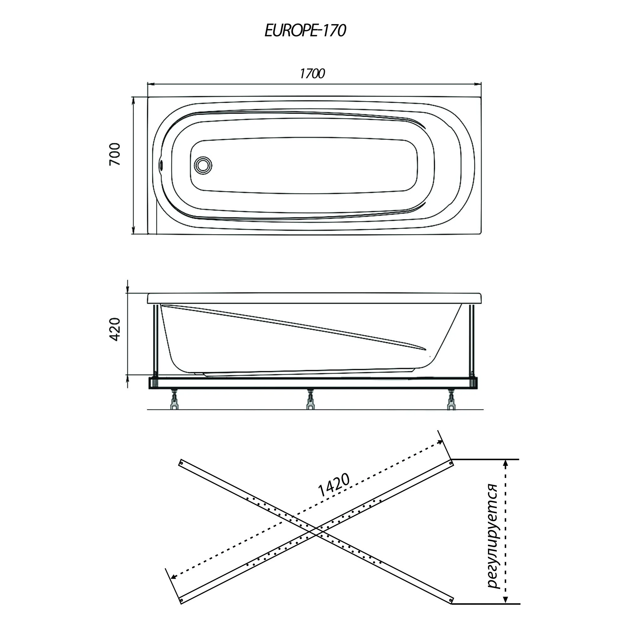 Акриловая ванна 170х70 см 1ACReal Европа Щ0000040925 без каркаса