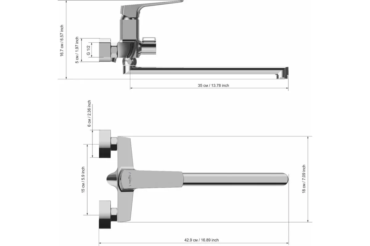 Смеситель для ванной с длинным изливом 43 см, TOKITO TOK-SEN-1015, цвет хром