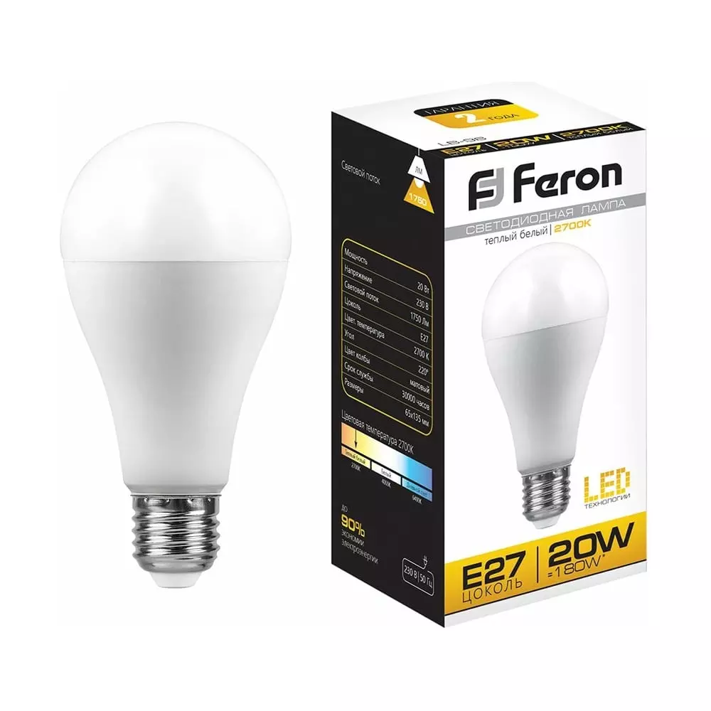 Светодиодная лампа Е27 220В 20Вт 2700К груша теплый свет FERON 25787