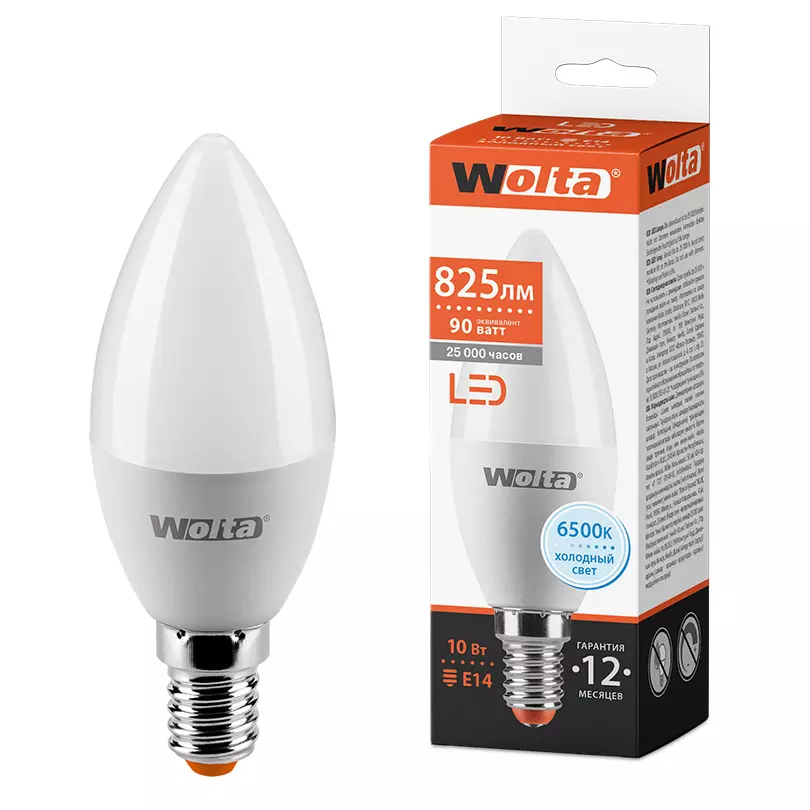 Лампа светодиодная Wolta Е14 230В 10Вт 6500К свеча холодный