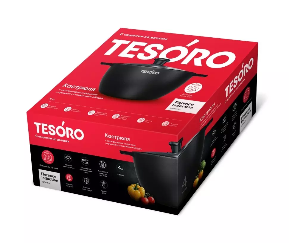 Кастрюля 4 л (d-24 см), литой алюминий, индукция, "Флоренс" черный TESORO TF6640tdi